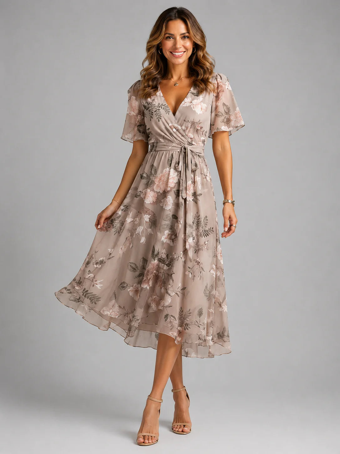 Floral Tummy Control Wrap Midi Dress